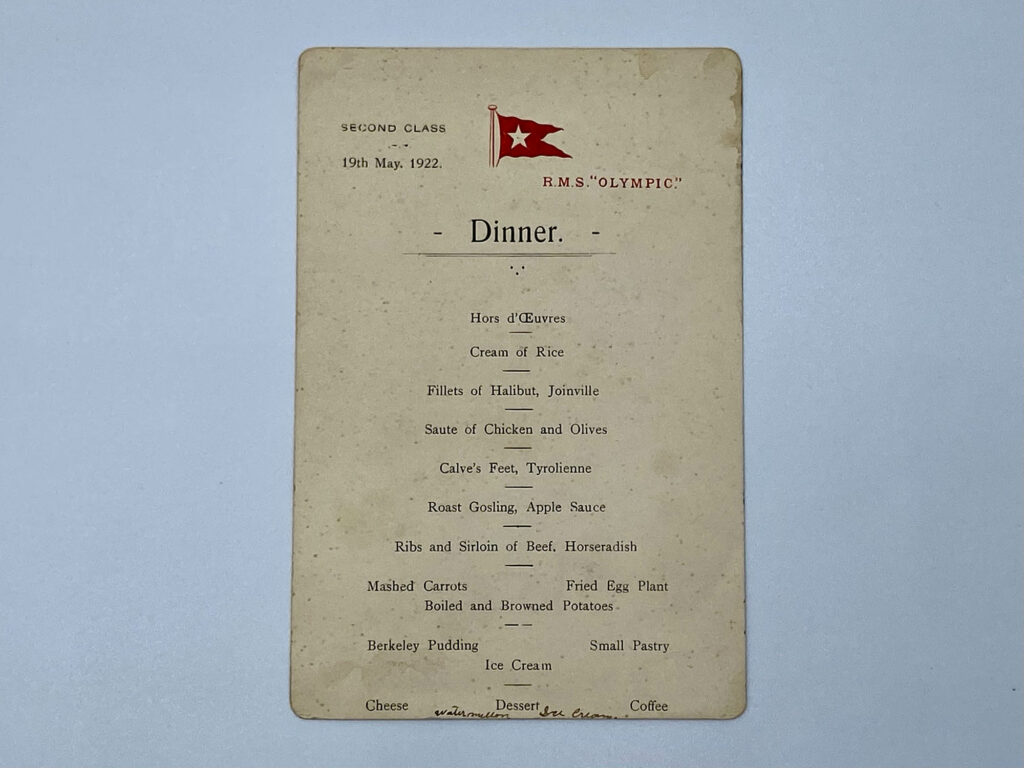 RMS Olympic Second Class Menu - Titanic Museum
