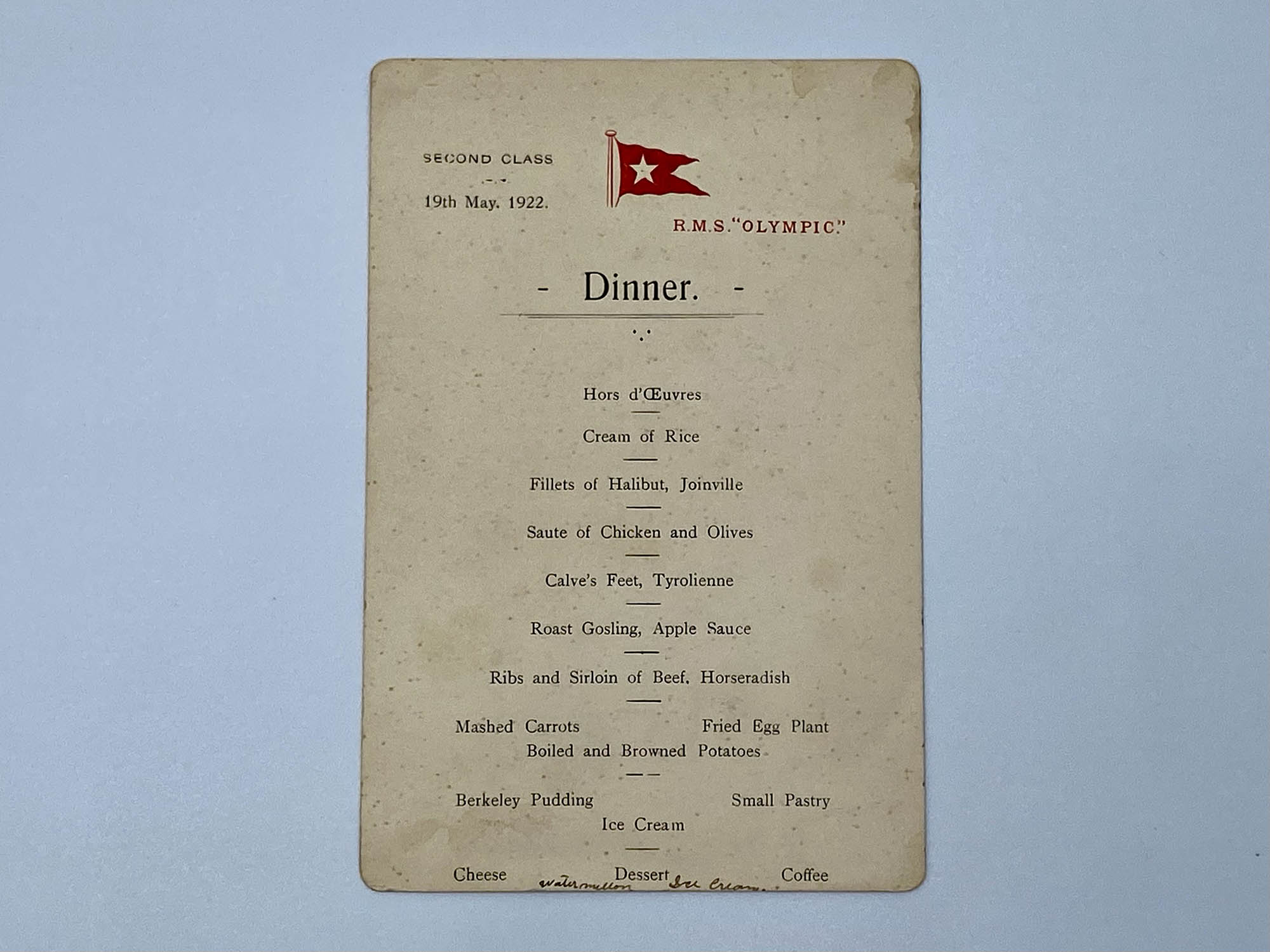 RMS Olympic Second Class Menu