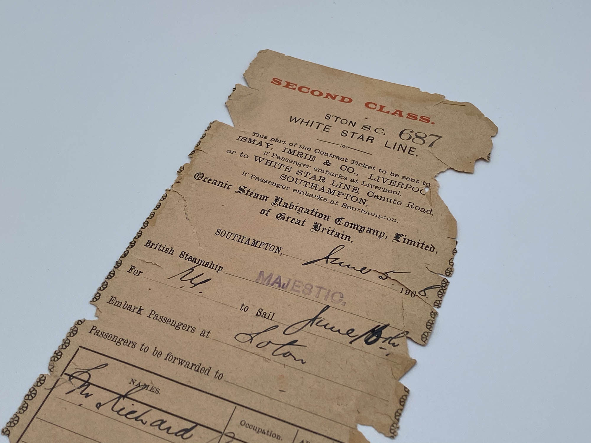 RMS Majestic Second Class Ticket - Titanic Museum