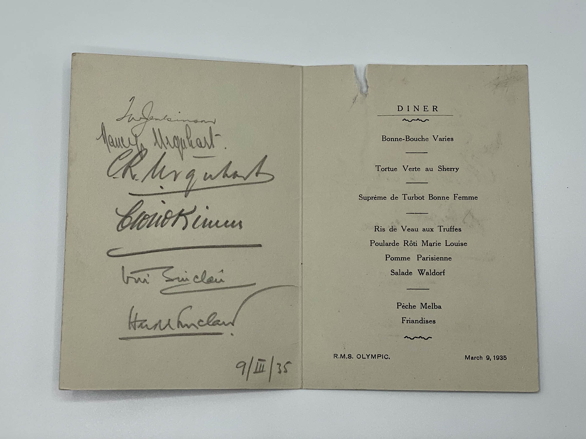 RMS Olympic Restaurant Menu