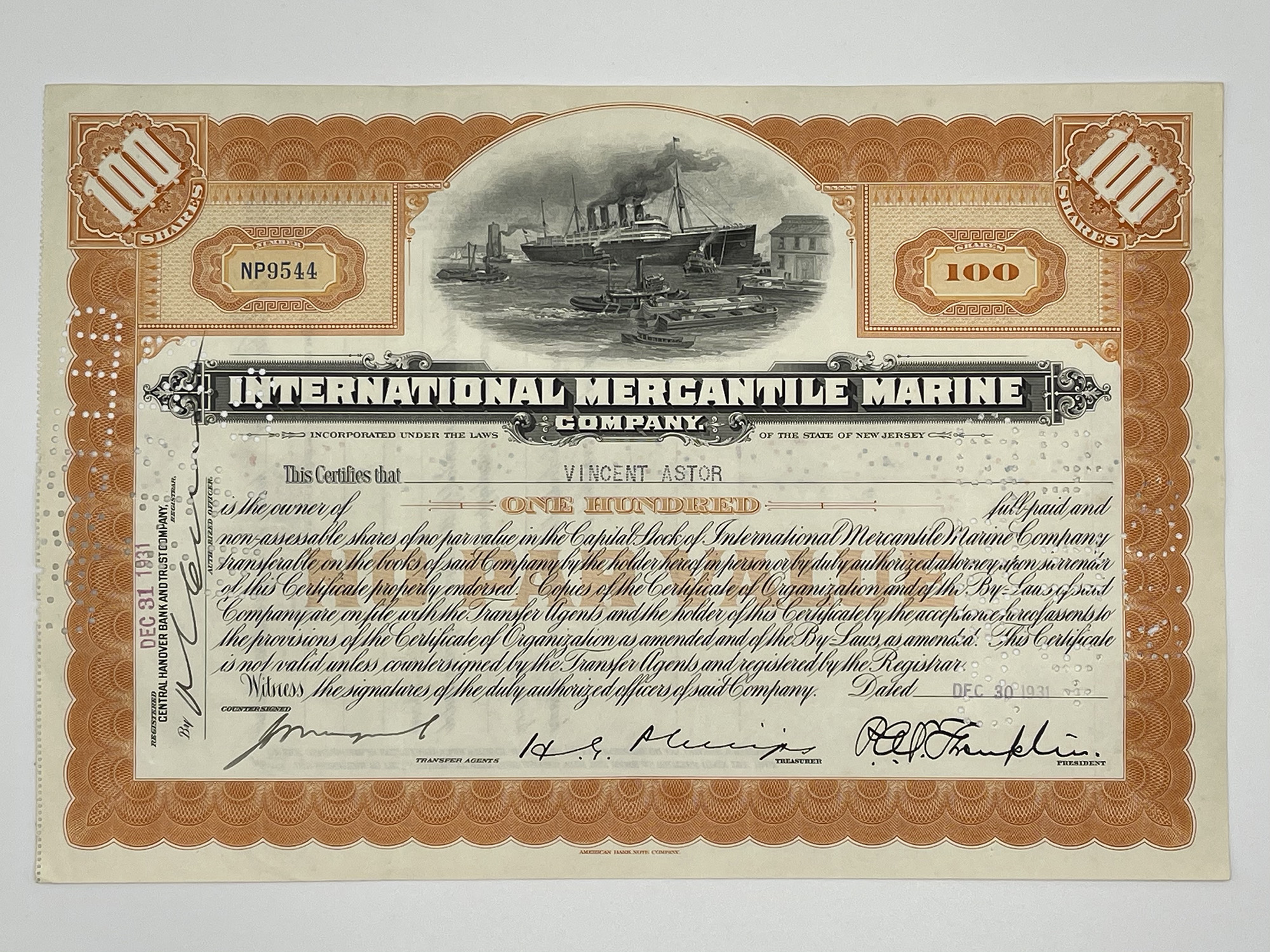 United States Lines Company Stock Certificate Issued to Vincent Astor 
